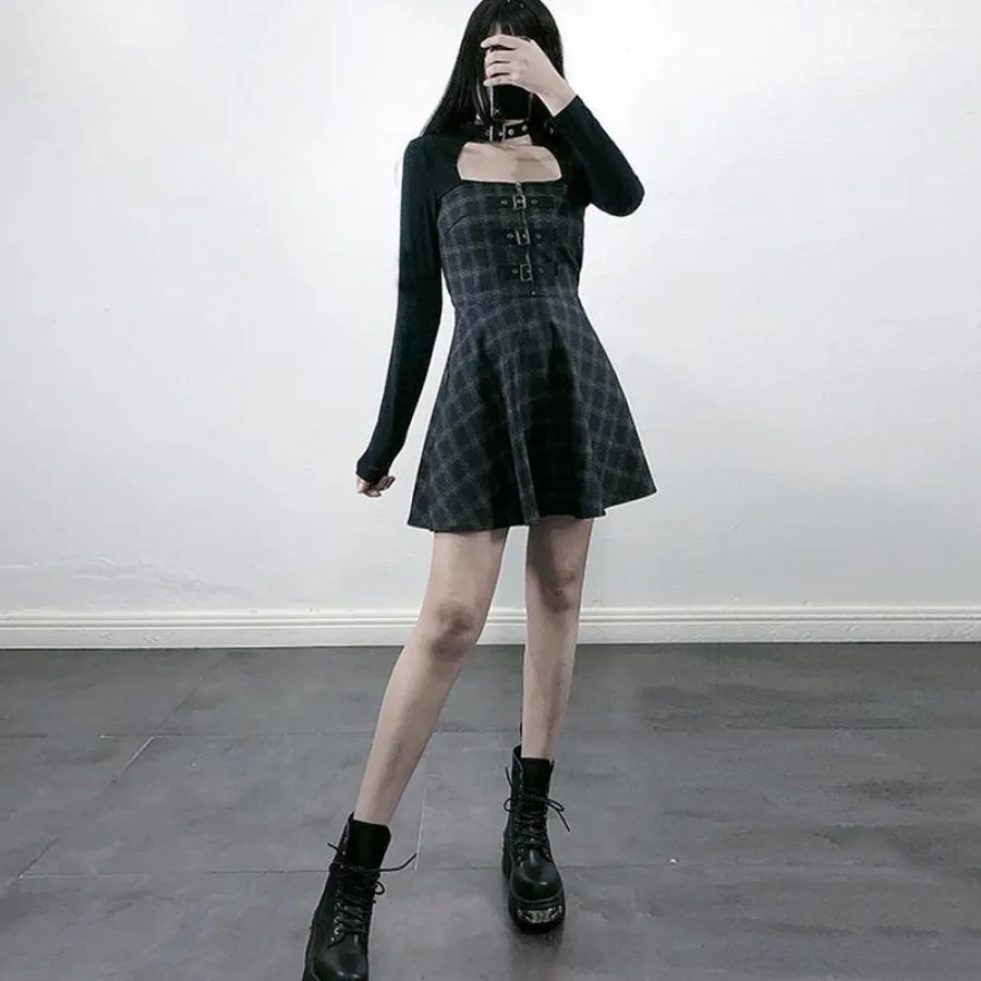 British Look Vintage Plaid Zipper Buckle High Waist Slip Dress J40053
