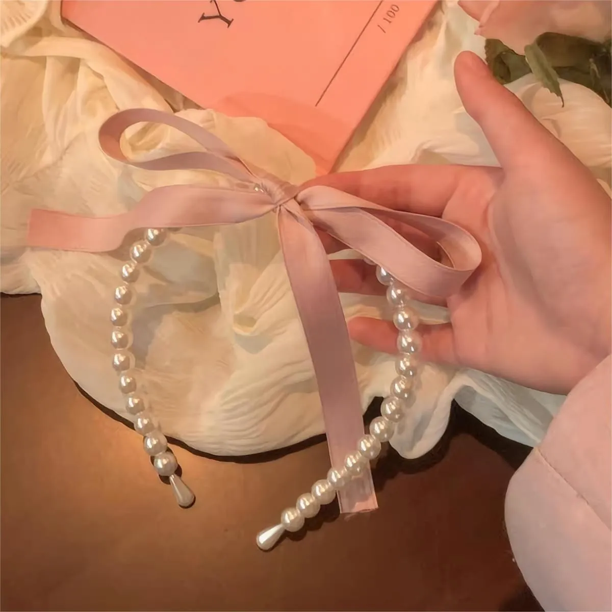 Chic Ribbon Pearl Hair Band