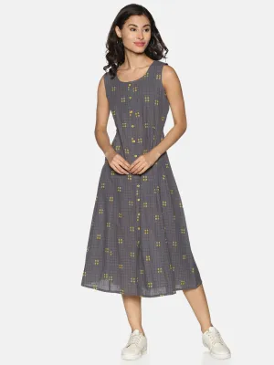 Grey Checks A-Line Dress with Button Down Placket