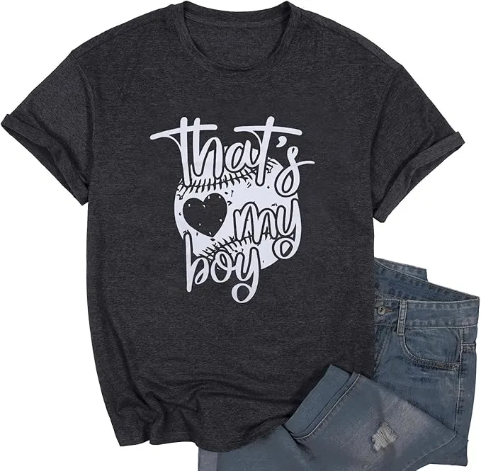New DUTUT Baseball Shirts Women That's My Boy Baseball Shirt Cute Letter Print Tshirt Game Day Gifts Funny Short Sleeve Tops, Sz S! Ours is a bit lighter grey
