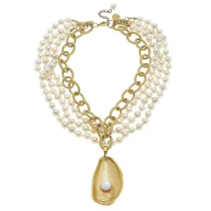 Pearl Necklace with Gold Oyster and Hand Set Freshwater Pearl